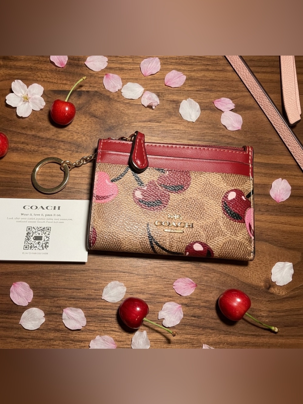 COACH Cherry Print Card & Key Case Leather *NWT